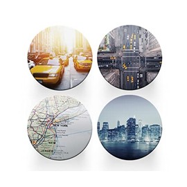 4 x Round New York City Coasters - America USA Travel Set Theme Women House Warming Circle Drinks Kitchen Table Decoration Décor Gift #77916