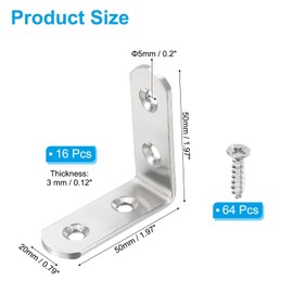 PATIKIL 16 Pcs Metal L-Shape Brackets, 50mm x 50mm (2"x2") 90 Degree l Bracket Corner Braces Stainless Steel Right Angle Mounts with Screws for Wood Shelves Furniture, Silver