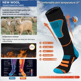 Merino Wool Ski Socks 2 Pairs, Thermal Knee High Warm Socks for Snowboarding, Hiking, Cold Weather, Snow, Hunting