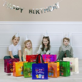 cabzymx 9 Pcs Multicolor Small Birthday Gift Bags Set with 9 Colors, Funny Gift Design Reusable Birthday Presents Bags Bulk with Bases, 8 x 3.9 x 8 In Party Goodie Bags for Baby, Girls, Boys