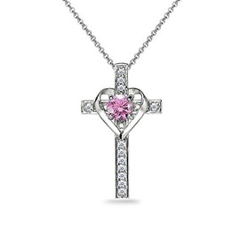 Sterling Silver Heart in Cross Pendant Necklace Made with European Crystals, Crystal,
