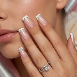 Uñas Postizas Francesas Medianas A Presión, Acabado Nude Brillante, Con Borde Blanco, Cobertura Completa, Reutilizables, Para Mujer (24 Unidades).