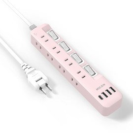 Mscien Power Supply Tap, USB Included, 8 AC Outlets, 1 USB BC, 3 USB Extension Cord, 6.6 ft (2 m), Lightning Guard, USB Outlet Included, Oa Switch, Wall Mounted, Octopus Outlet, Table Tap, Multi Tap, Swing Plug, Stylish, Pink, Cute