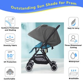 ZIQINPSQ Universal Sun Shade for Pram,Waterproof，Pram Sun Shade Cover，pram Parasol,UV Protection，UPF50+ Blackout，Easy to Install，Baby Shade with Lycra Fabric，for Car Seat,Buggy & Carrycot(Grey)