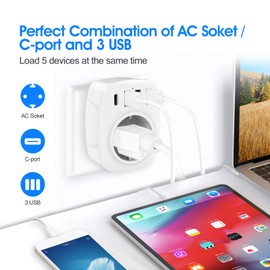 USB Socket, Gogotool Sockets with 3 USB Chargers (2.4A) and 1 Type C Port (3A), 5-in-1 Socket Adapter with USB Charger, Wall Sockets Adapter for Household Device, Smartphone, MP3, PC (White)