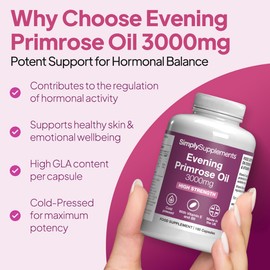 Evening Primrose Oil 3000mg Capsules | Supports Hormonal Balance & Healthy Skin | with Added Vitamins B6 & E | 360 Softgels Capsules = 4 Months’ Supply | GMP-Certified & UK-Made