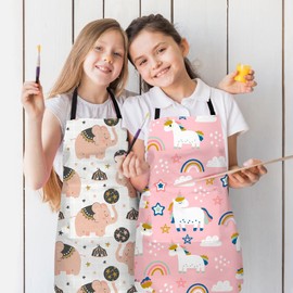 fangyunri Kids Apron with Pocket for Girls Unicorn Rainbow 6-12 Pink Child Art Smock Kitchen Bib Waterproof Toddler Chef Apron Adjustable Neck Strap for Cooking Painting Baking Crafting Art Gardening