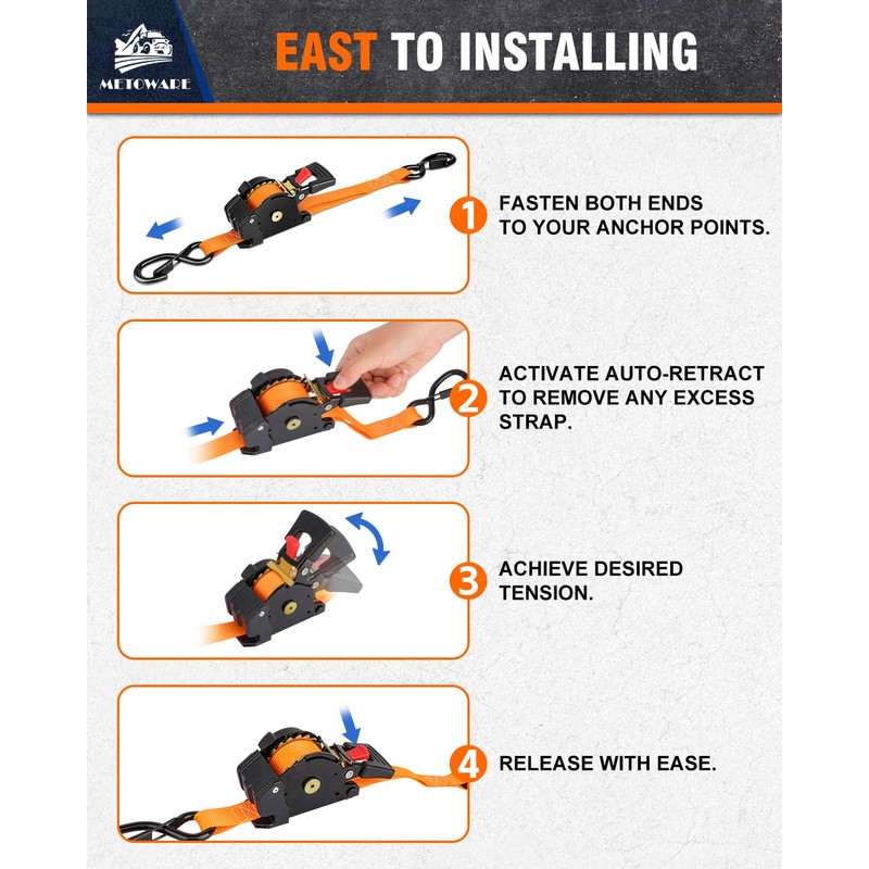METOWARE Retractable Ratchet Straps (2-Pack) - 1 in x 10