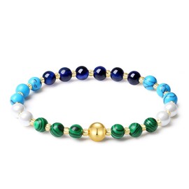 MetJakt Natural Gemstone Round Beads Stretch Bracelet - Healing Reiki 8mm with 18K Gold Ball - Stretchable Elastic Design (Dark Blue Tiger's Eye)