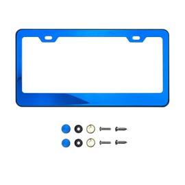 Blue Chrome Mirror License Plate Frame T304 Stainless Steel + Metal Screw Caps