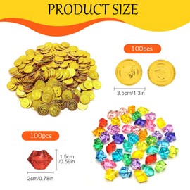 GIDWRIY Pirate Treasure Children's Birthday Party with 100 Gold Coins Children and 100 Pirate Gemstones, Pirate Treasure for Treasure Hunt, Pirate Coins Children, Treasure Chest Children's Birthday