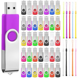 50 Pack USB Flash Drives Bulk with Lanyards USB 2.0 Thumb Drive Swivel Storage Flash Drive Pack Bulk with LED Light for Data Storage Backup, 10 Colors (256 MB)