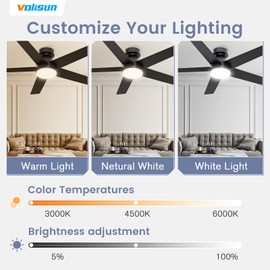 VOLISUN Ceiling Fan with Lights and Remote, 52 inch Low Profile Ceiling Fan with Light, Reversible, 3CCT, Dimmable, Noiseless, Black Flush Mount Ceilings Fans for Bedroom, Indoor/Outdoor