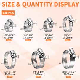Hose Clamp Assortment Kit 130 PCS, 304 Stainless Steel Hose Clamps 1/4''–1-1/2'' Worm Gear Clamps Pipe Clamp for Auto, Radiator, Fuel Line, Duct,Tube
