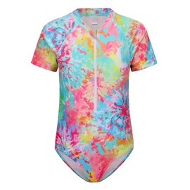 Zestonie Big Girls One Piece Rash Guard Swimsuits for Kids Girls Short Sleeve Bathing Suits with Front Zipper Swimwear Blossom Tie Dye Size 14/12-14 Years