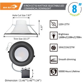 Run Bison 8 Inch Commercial LED Recessed Light with J-Box,120-277V,16/21/27W Adjustable,3CCT Selectable 3000K-5000K,0-10V Dimmable,IC Rated Canless LED Downlight with Black Trim, UL Listed-4PK