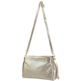 modamoda de T263 Damen Leder Schultertasche, handmade in Italy, 27x10x18 cm, 3 Hauptfächer, abnehmbarer Henkel, Farbe:Lightgold Metallic