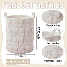 Blushtier White Bow Laundry Hamper Girls Room Decor Coquette Bow Plush Faux Fur Basket Kids 45l Storage Basket Collapsible Organize Bins for Gifts Toys Blanket Clothes Nursery Bedroom (1 Pcs)