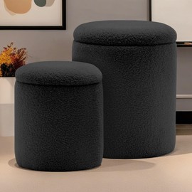 YSICK Round Ottoman with Storage Set of 2, Small Vanity Stool with Storage as Vanity Chair, Sherpa Black Ottoman Foot Rest for Small Space, Bedroom and Living Room