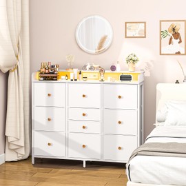 Yoobure Dresser for Bedroom with Charging Station and LED Lights, Tall Dresser TV Stand With 10 Storage Drawers,Fabric White Dressers & Chests of Drawers,Wood Dresser for Kids Bedroom Closet Organizer
