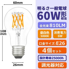FWAYTECH LED Filament Bulb, E26, Daylight White, Dimmable AC 100V, 5000K Equivalent, Incandescent Replacement, 6W, 60W Shape, 810 Lumens, Clear, Edison Bulb, Omnidirectional 360° Luminous, Transparent