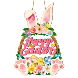 Wooden Easter Wreaths for Front Door Happy Easter Sign Hollow Bunny Sign Rabbit Spring Door Decoration, Colorful Flower Egg Welcome Hanging for Home Porch Window Wall Decor Party Indoor Outdoor