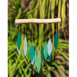 Green Glass Wind Chime Recycled Glass and Bamboo Driftwood Garden Chime Hanging Outdoors Indoors Multicoloured Fairtrade Eco Friendly Handmade Fairtrade