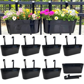 Joyfernal Hanging Planters for Outdoor Plants, 17" Railing Planter Pots, Metal Fence Flower Pot for Porch Balcony with Detachable Hookt (Black, Pack of 8)