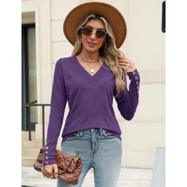 AKEWEI Womens Tops Fall Trendy Long Sleeve V Neck Knit Pullover Dressy Lightweight Sweater(Purple,Medium)