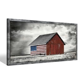 Barn Picture Framed Wall Art: Rustic Black White Farmhouse American Flag Print Wood Decor Horizontal Patriotic Country Farm Artwork Panoramic Living Room Nature Landscape Rural Countryside Scene Painting for Home Bedroom
