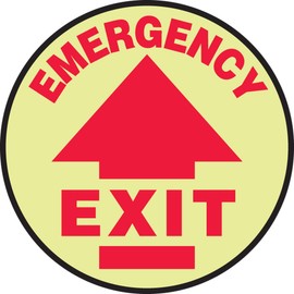 AccuformNMC Floor Sign Glow-in-the-Dark "Emergency Exit" with Arrow, 8" Diameter Non-Slip Adhesive Vinyl Emergency Exit Sign, Red on Glow, Made in the USA, MFS872