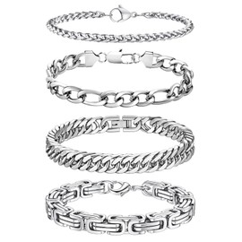 LOCCY Men's Bracelet, 4 Pieces Silver Stainless Steel Men's Bracelets, Curb Chain Bracelet, Byzantine Chain Bracelets, Figaro Chain, Link Bracelet for Men, Boys, Dad, Son, Hus, Stainless Steel