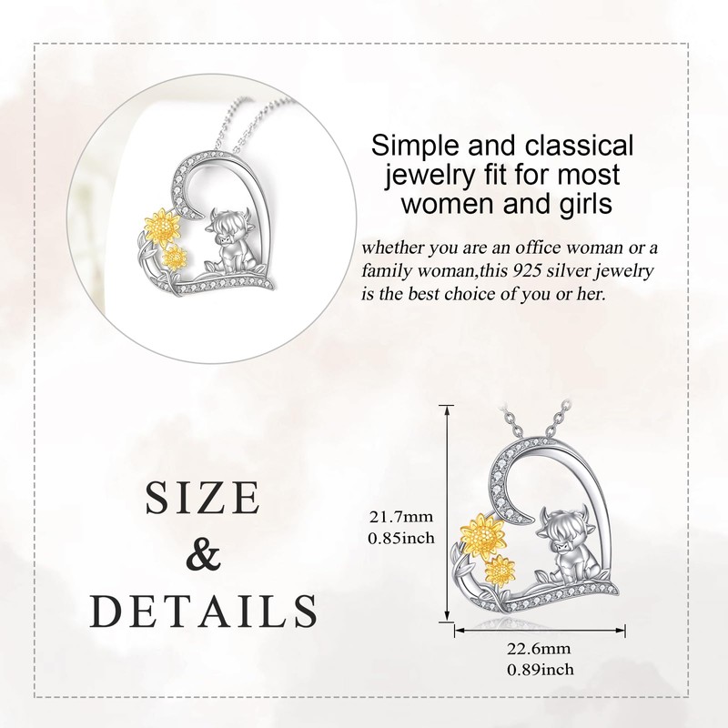 LUHE Highland Cow Necklace Animal Heart Necklace Sterling Silver Animal