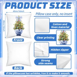 Mixweer 4 Pcs Chinoiserie Christmas Tree Blue Throw Pillow Covers Chinoiserie Winter Pillow Covers Hanukkah Pillow Covers Ginger Jar Check Bow Tree Pillow Covers For Holiday Decor(16 x 16 in)