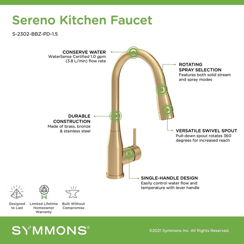 Symmons S-2302-BBZ-PD-1.5 Sereno Single-Handle Pull-Down Kitchen Faucet in Brushed Bronze