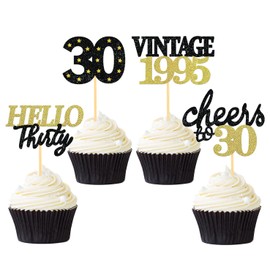 24 PCS Rose Gold Glitter 30th Birthday Cupcake Toppers for Celebrating Thirty Years Old Birthday Party Decorations for 30th Anniversary Party Supplies (Black&Gold)