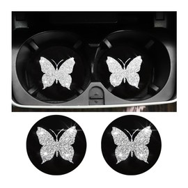 BESULEN Butterfly Car Coasters, 2 Pack Universal 2.75 Inch Anti Slip Insert Cup Holder Coasters, Bling Diamond Drink Cup Mug Mat Pad for Women, Pretty Decorations Car Interior Accessories
