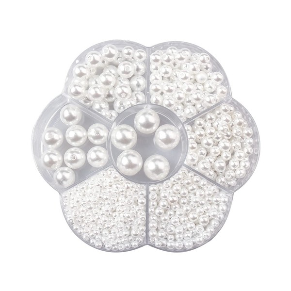 Pack of 1150 White Round Beads 3/4/5/6/8/10/12 mm White Faux Pearl Jewellery Making Beads with Holes for Clothes, Necklaces, Bracelets, DIY Wedding Wallets, Mobile Phones