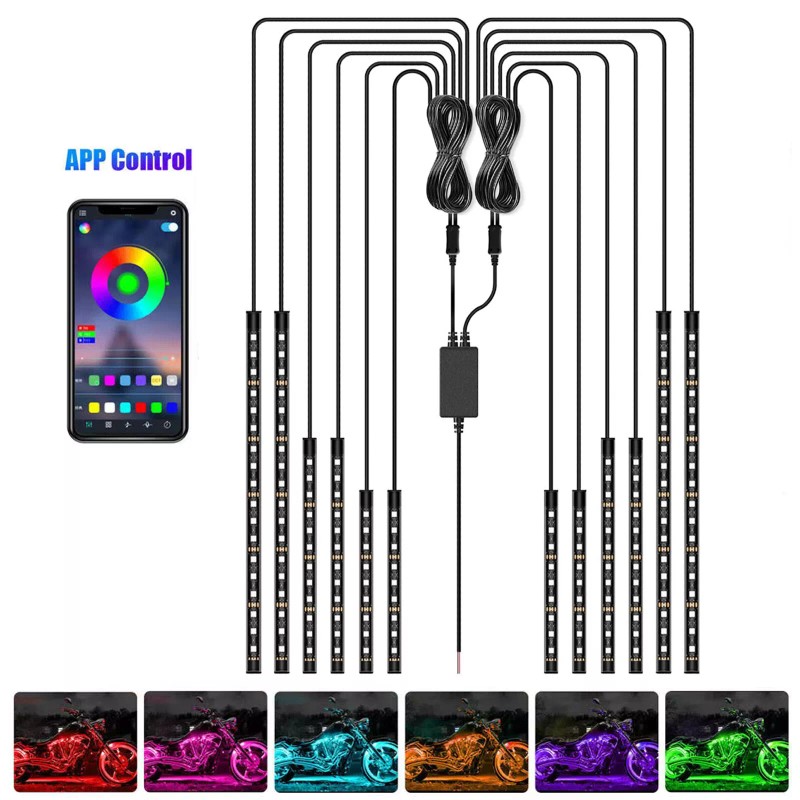 XUKEY 12Pc Motorcycle RGB LED Neon Under Glow Light Strip