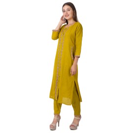 Ladyline Womens Handloom Cotton Kurti with Pants Set | Embroidered Kurta with Buttons Pocket (CEKP HRM1590) (42/ Mustard)