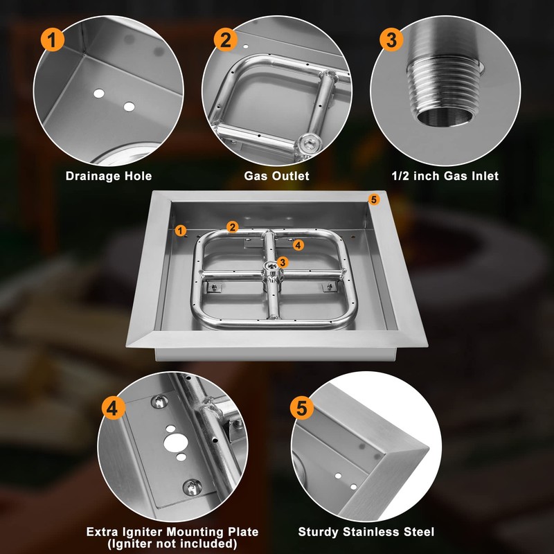 onlyfire Stainless Steel 12" Drop-in Square Fire Pit Pan, with