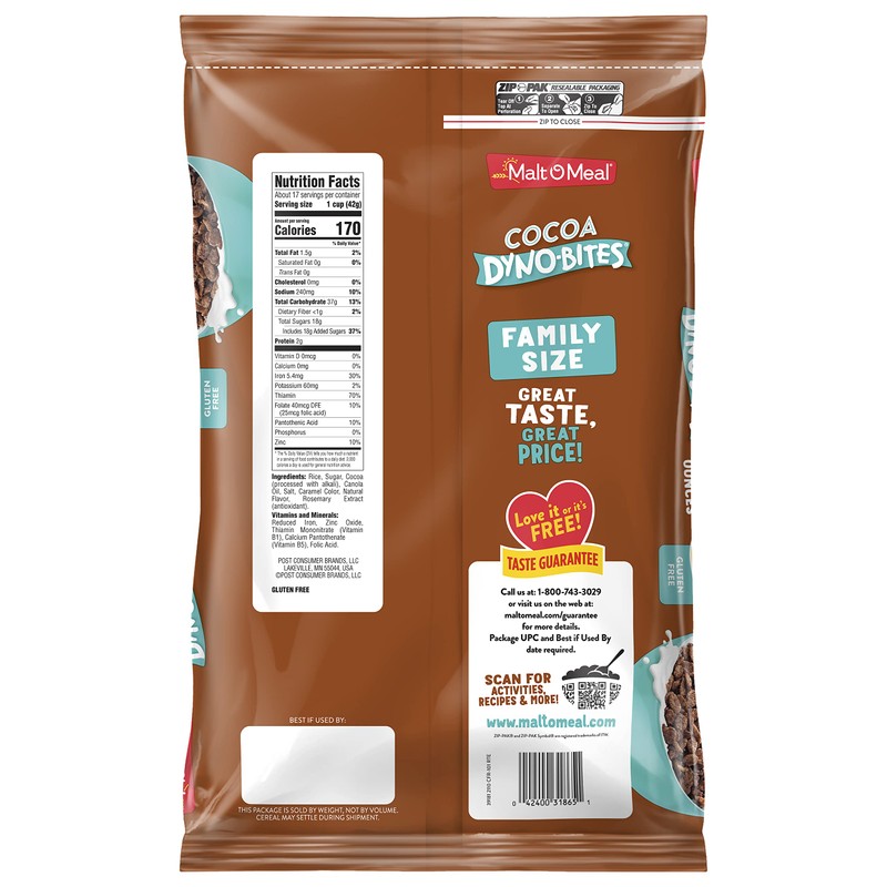 Malt-O-Meal Cocoa Dyno Bites Gluten Free Breakfast Cereal, Crispy Rice