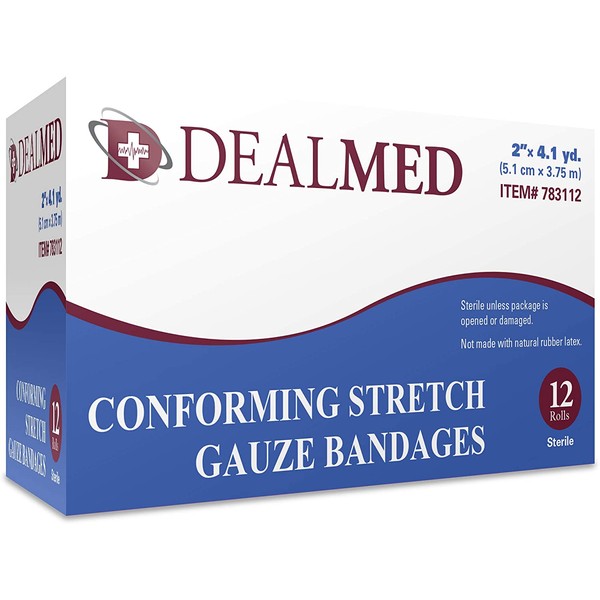 Dealmed 2" Sterile Conforming Stretch Gauze Bandages, 4.1 Yards Stretched, 12 Rolls/Box - 96 Count
