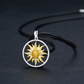 YEESIA Sun Necklace Sterling Silver Sunburst Pendant Neklace for Women Men Golden Sun Jewellery Gifts, Sterling Silver, Cubic Zirconia
