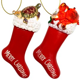 Nautical Stocking Merry Christmas Ornaments, Coastal Crab and Sea Turtle Keepsake Holiday Hanging Decorations for Tree, Pack of 2, 7 Inches