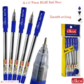 ELKOS BLUE Ballpoint Pens, 0.7mm Fine Point, Pack of 5, Anom Ball Pens, Smooth Biros, Soft Grip, School Office Home Use, ZOFAX Black Ball Pen