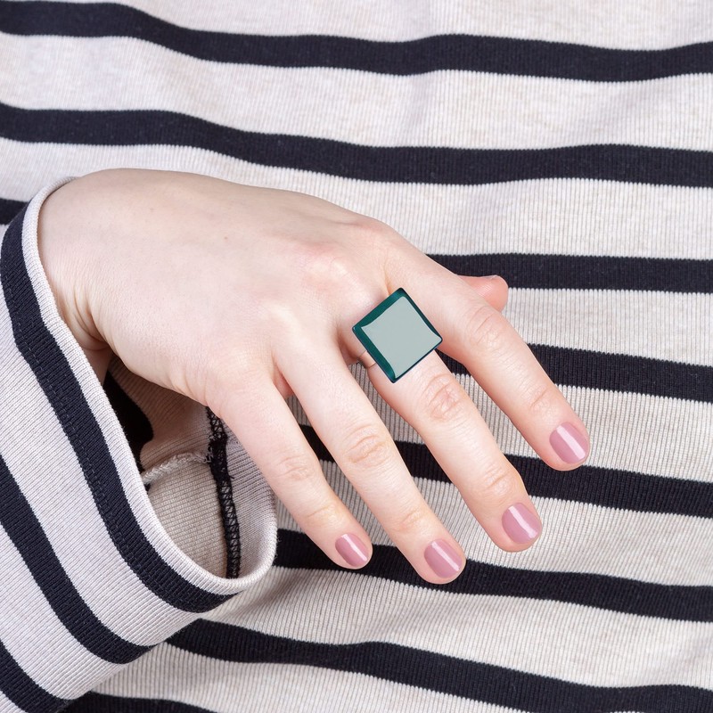 ALEXASCHA® Square Statement Glass Ring • Adjustable Stainless Steel Ring