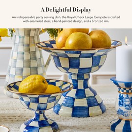 MACKENZIE-CHILDS Enamel Compote, Cute Enamel Pedestal Serving Dish or Decorative Bowl, Large, Blue-and-White Royal Check
