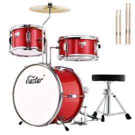 Eastar Drum Set for Kids and Beginners, 3-Piece 14'' Drum Kit with Adjustable Throne, Cymbal, Pedal & Two Pairs of Drumsticks, Junior Drum Set with Bass Tom Snare Drum, Metallic Red