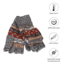 Pachamama Women Wool Fingerless Glove Mittens Handknitted Fair Isle Multicoloured One-Size Handmade Extra Warm Fair Trade (Grey)